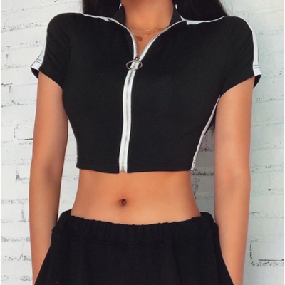 Short Sleeve V-Neck Zipper Crop Top.