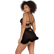 2pc Mesh Underwire Bralette & Skirt Set with Faux Fur Detail - Grumps Collection
