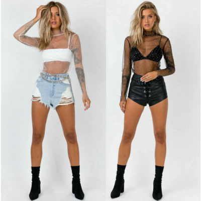 Ladies Top & Shorts Set Sexy Lace Transparent Mesh Crop Top And Shorts –