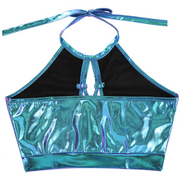 Blue holographic hollow out crop top for raves or music festivals.