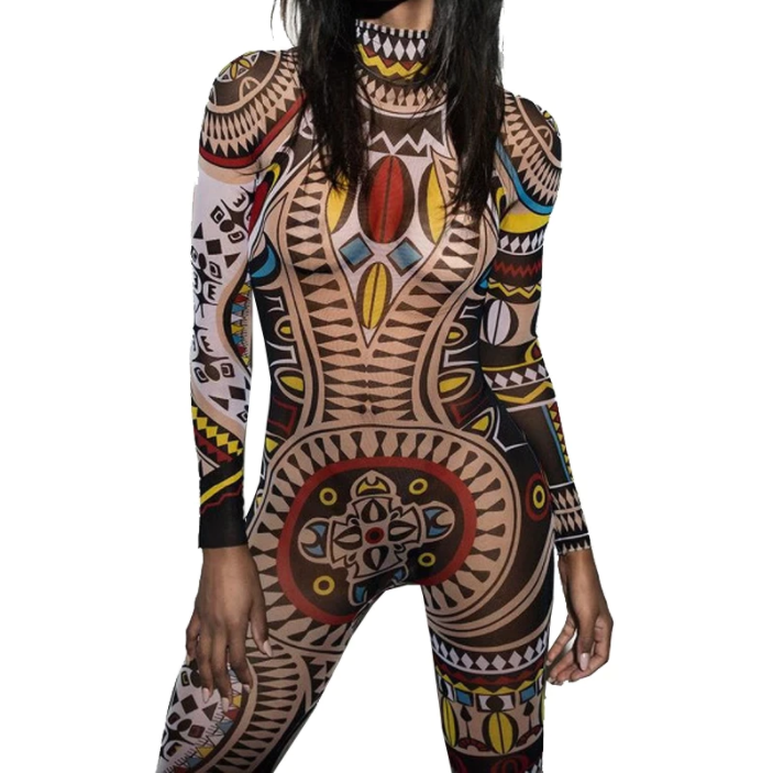 A rave girl wearing tribal tattoo print mesh bodysuit at a music festival.